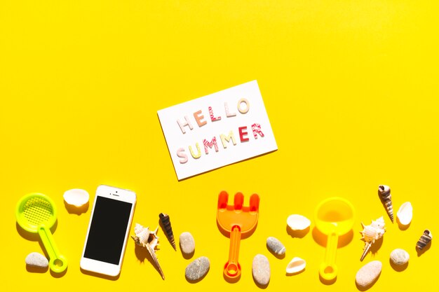 Message Hello Summer and beach things on colorful surface