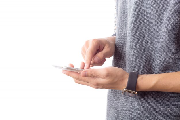 messaging guy holding touch screen telephone