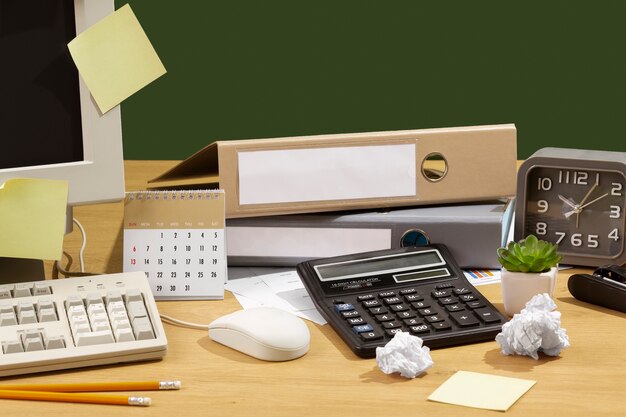 Messy office desk still life