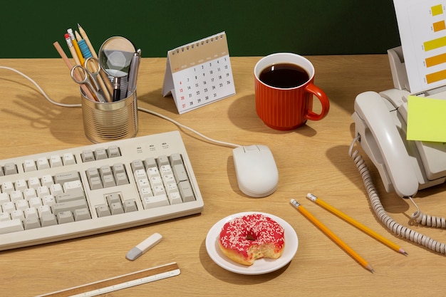 Messy office desk still life