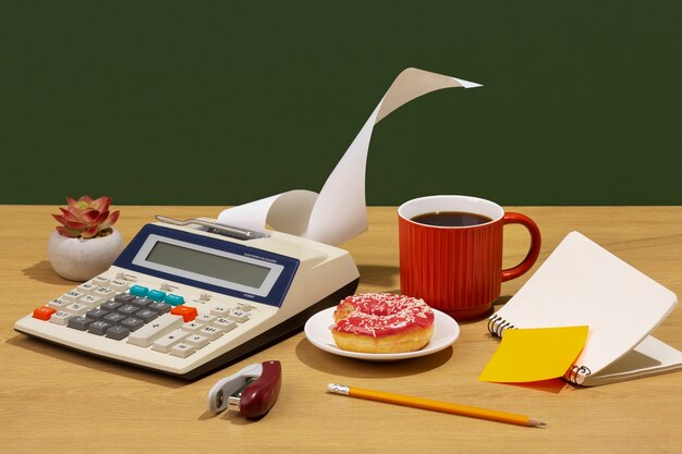 Messy office desk still life