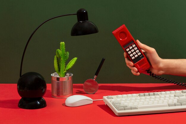 messy office desk still life