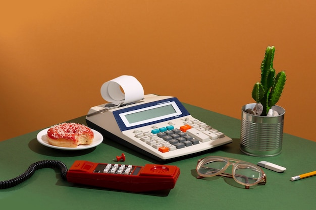 Messy office desk still life