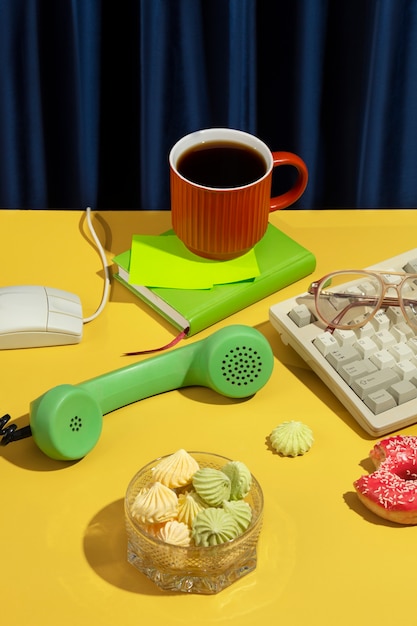 Messy office desk still life