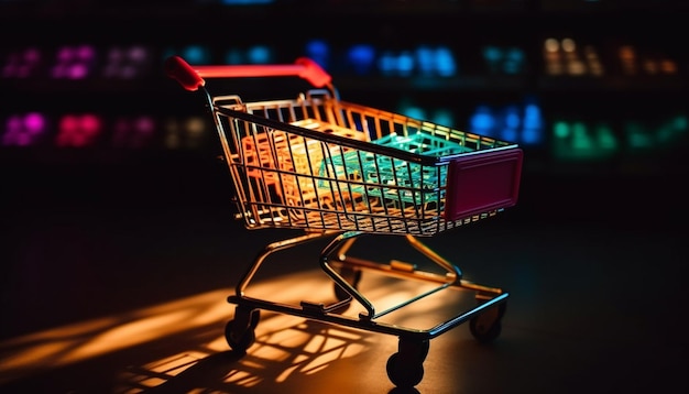 Metal shopping cart filled with groceries at night generated by AI