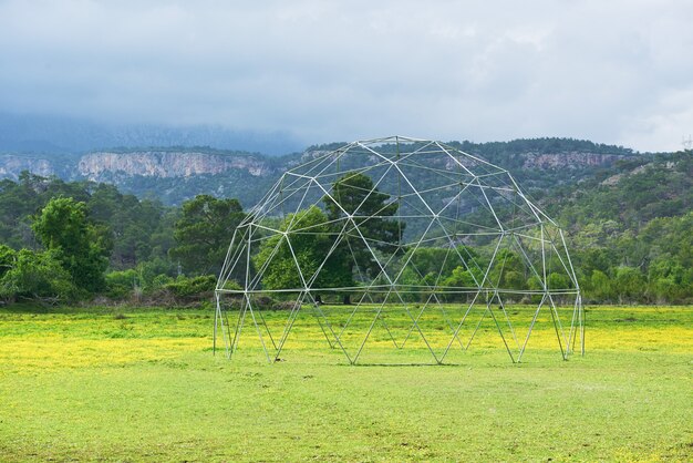 Metal structure on green grass and blue sky.