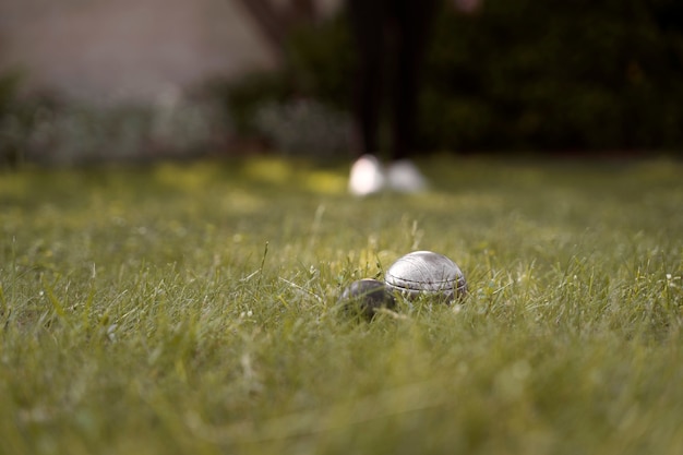 Бесплатное фото Металлические шарики на траве под высоким углом