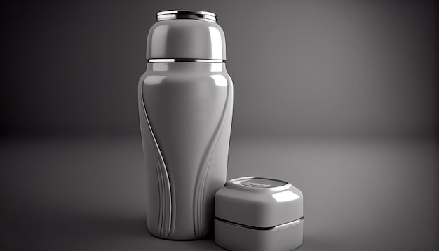 Metallic drink container with lid and reflection generated by AI