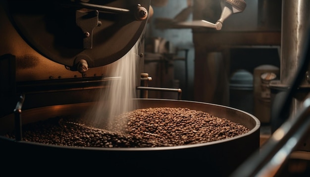 Metallic machinery roasts gourmet coffee with precision heat generated by AI