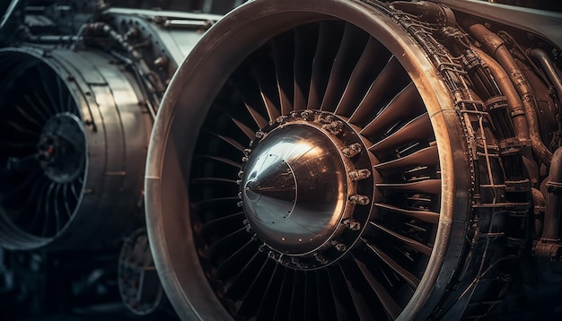 Metallic propeller turning inside modern airplane engine generated by AI