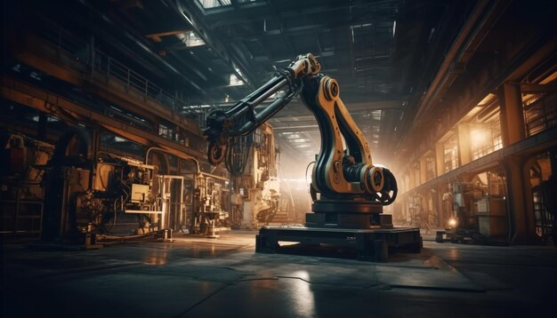 Metallic robot arm in modern steel factory generated by AI