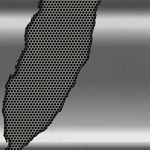 Металлический серебряный фон с рваным вырезом на перфорированном металле