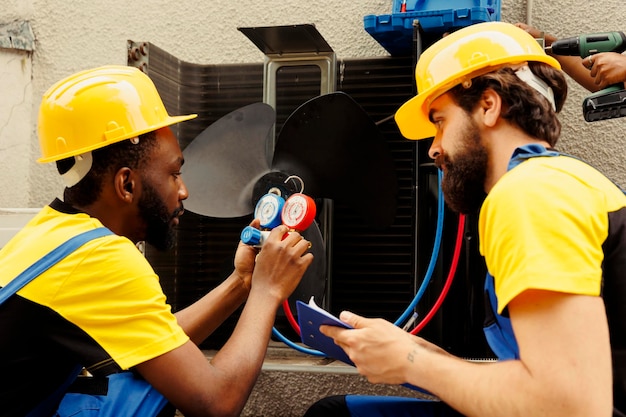 Free photo meticulous wiremen expertly refilling freon in external air conditioner while using manifold measurement device to closely measure the pressure in hvac system, ensuring perfect cooling performance