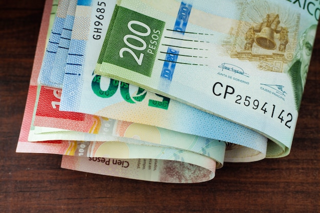 mexican banknotes arrangement high angle