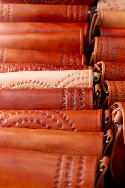 mexican culture with leather bags arrangement