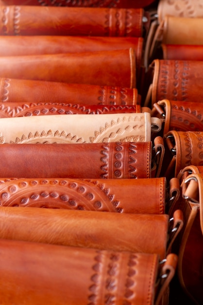 Mexican culture with leather bags arrangement