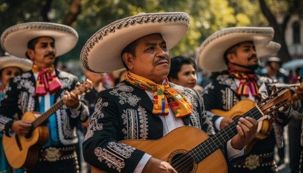 멕시코 기타리스트가 인공지능에 의해 생성된 야외에서 원주민 문화를 축하하는 전통 음악을 연주합니다.