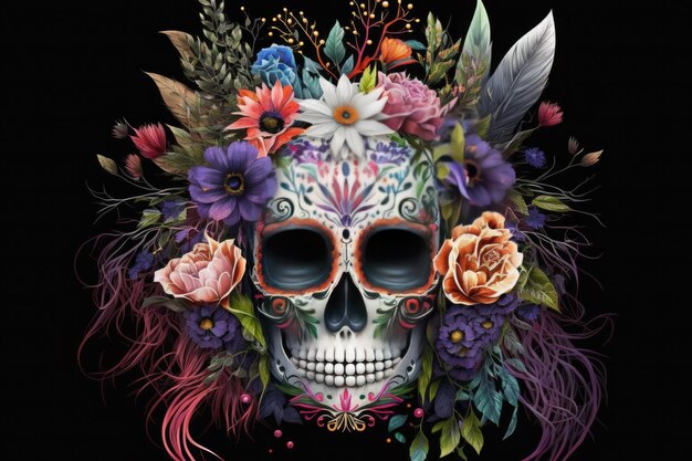 Mexican katrina skull mask decorated with flowers typical of the Dia de los muertos Mexican religious tradition HalloweenAi generative