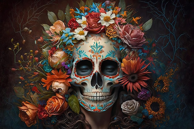 Бесплатное фото Мексиканская маска черепа катрина, украшенная цветами, типичными для мексиканской религиозной традиции dia de los muertos halloweenai генеративный