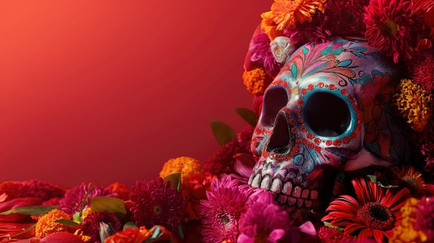 Free photo mexican skull of vivid colors with flowers