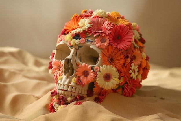 Free photo mexican skull with beautiful flowers