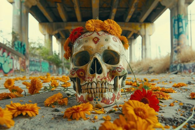 Mexican skull with beautiful flowers