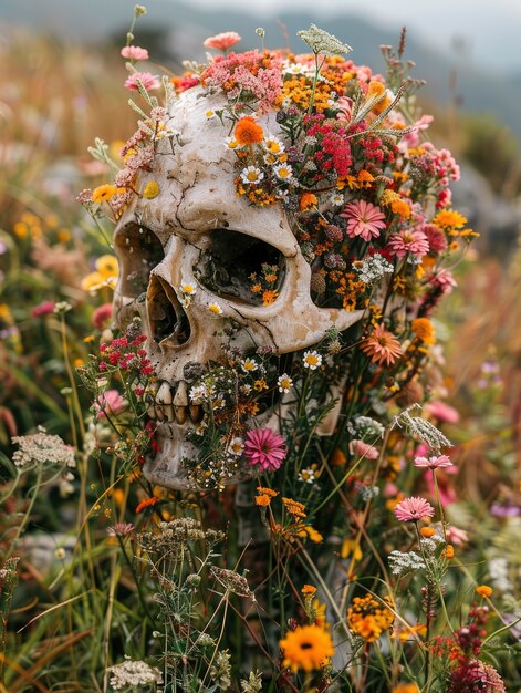 Mexican skull with beautiful flowers