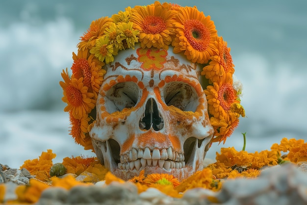 Free photo mexican skull with beautiful flowers