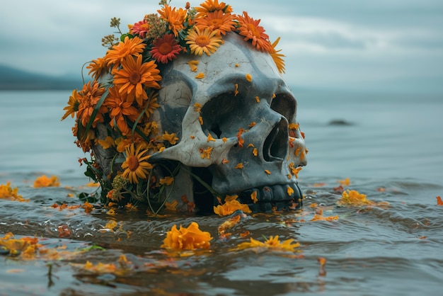 Free photo mexican skull with beautiful flowers