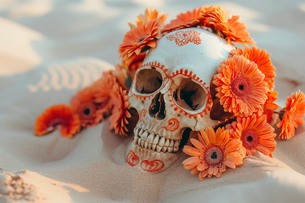 Free photo mexican skull with beautiful flowers