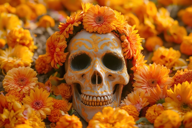 Free photo mexican skull with beautiful flowers