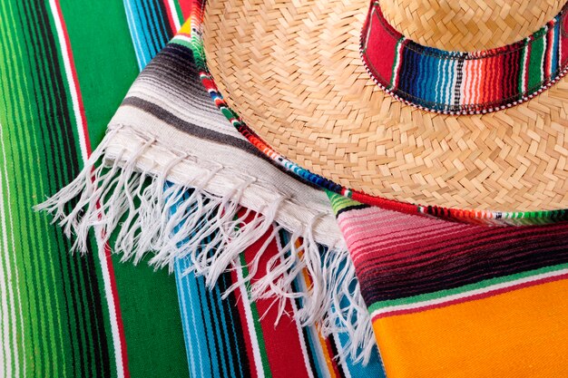 Mexican sombrero with traditional blankets