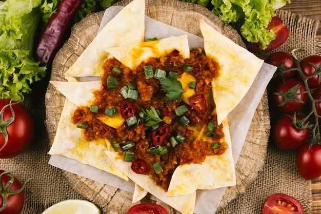 Mexican spicy food and nachos top view