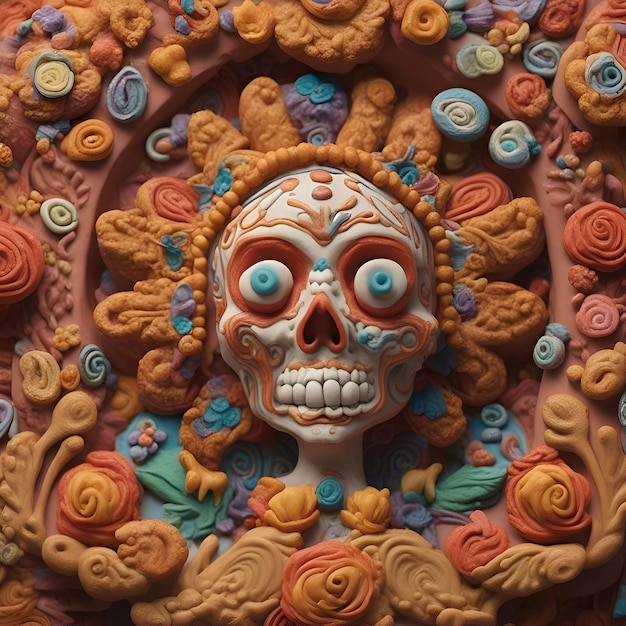 Free photo mexican sugar skull on colorful wall day of the dead