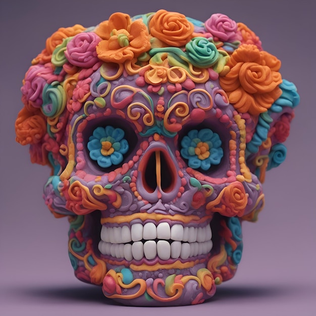 화려한 꽃 장식 3D 일러스트와 함께 멕시코 설탕 두개골