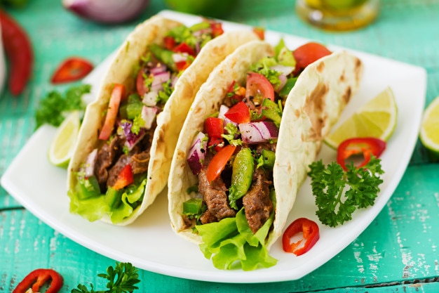 Mexican Tacos with Beef in Tomato Sauce and Salsa – Free Stock Photo