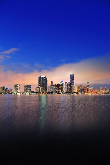 反射のある海の上の都市の高層ビルと夕暮れ時のマイアミ市のスカイラインのパノラマ