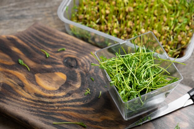 Microgreens. Ростки чечевицы на деревянной предпосылке.