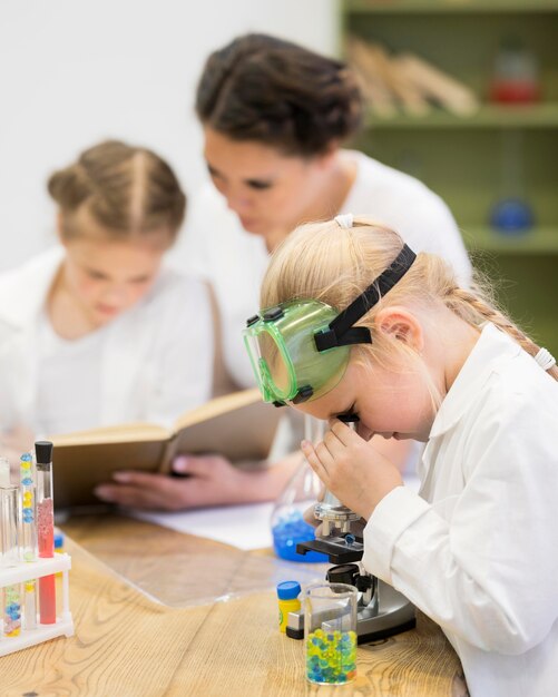 Microscope and experiments with young girls