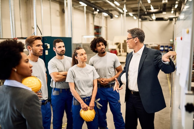 Foto gratuita metà uomo d'affari adulto che dà una presentazione a un gruppo di lavoratori dell'industria in una fabbrica