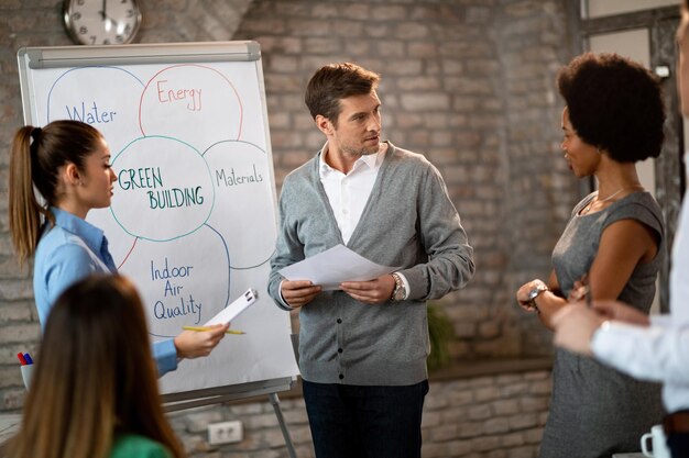 Mid adult businessman and his colleagues brainstorming in front of whiteboard while working on new business strategy in the office