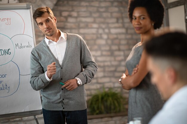 Mid adult CEO giving a presentation to his team in the office and asks one of his colleagues for a opinion