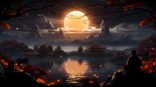 Free photo mid autumn festival night landscape