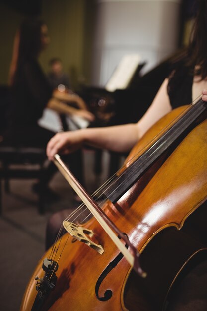 Mid-section of female student playing double bass