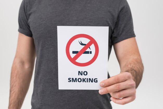 Mid section of man showing no smoking sign isolated on white backdrop