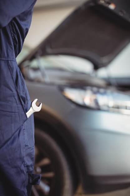 Mid-section of mechanic with a wrench tool in pocket