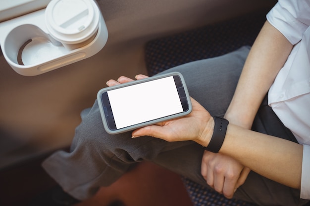 Mid-section of woman holding mobile phone