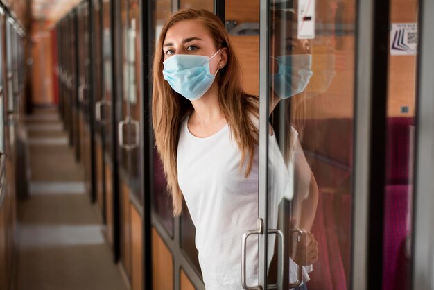 Mid shot girl wearing mask in train