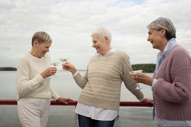 Middle age friends having fun at food festival