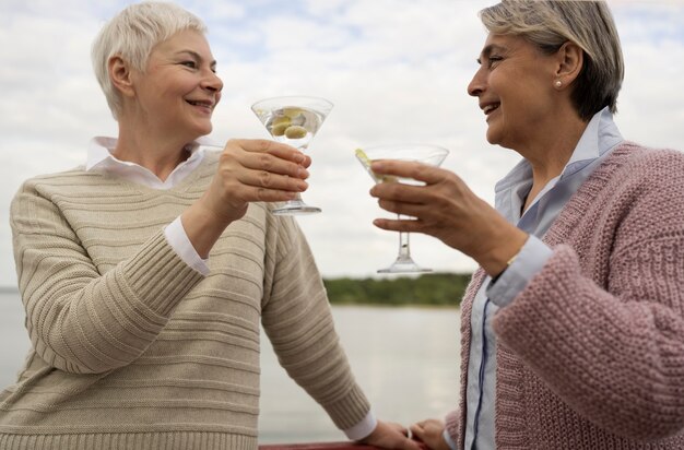 Middle age friends having fun at food festival